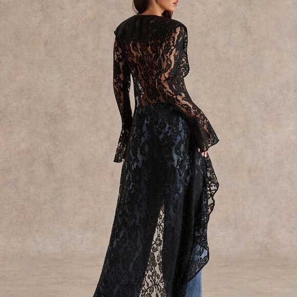 Black Elegant Women's Romantic Ruffled Lace Top Coat - Picture 2 of 7